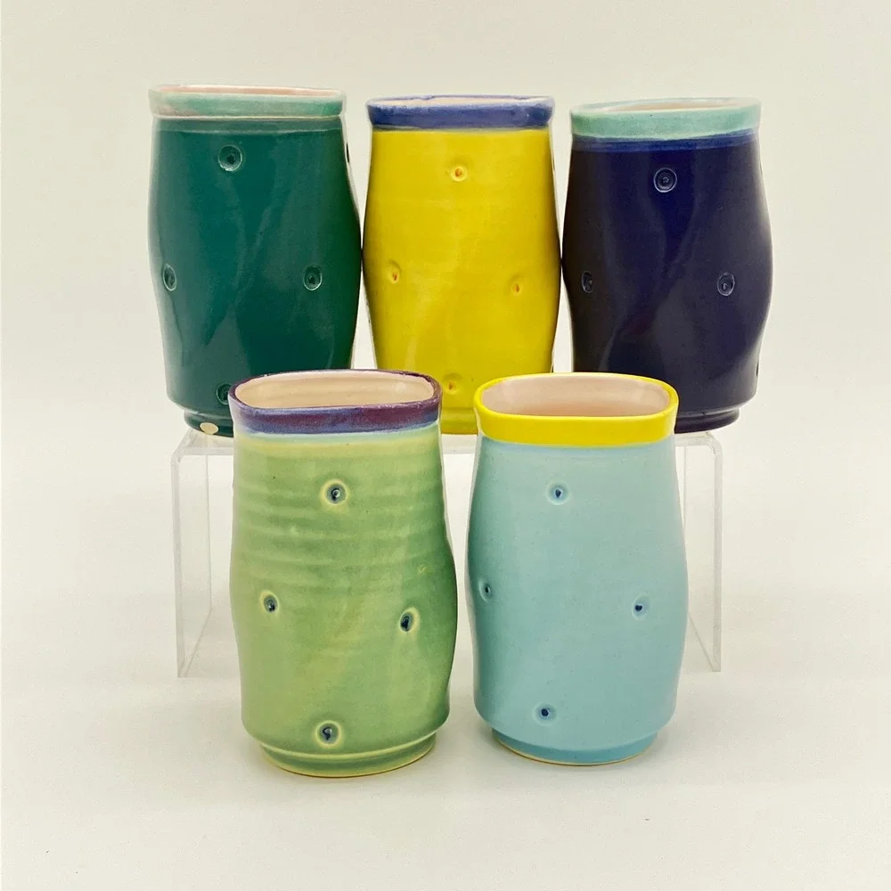 Studio Pottery Dimple Tumblers Set of 5 Handcrafted Colorful Ceramic Cups BM